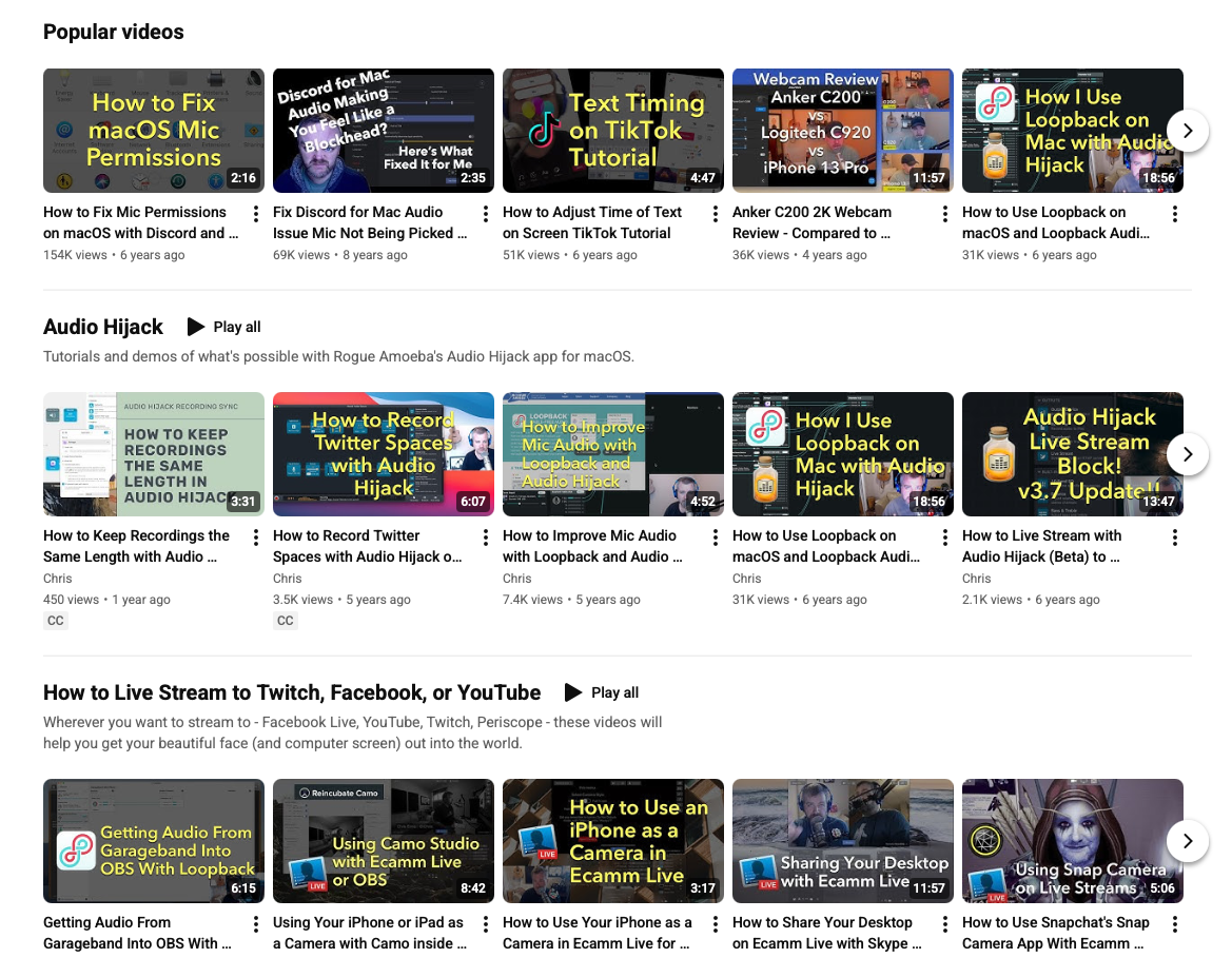 A grid of popular podcast, audio, and live-streaming tutorial videos from Chris's YouTube channel